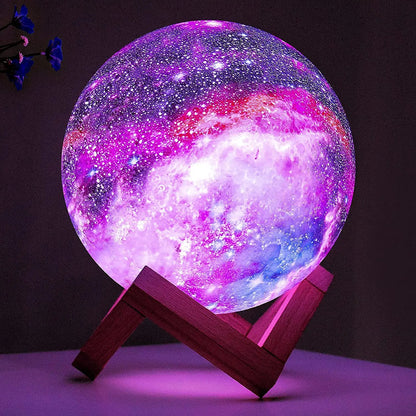 LED Galaxy Lamp: 3D Star Moon Light with Wood Stand