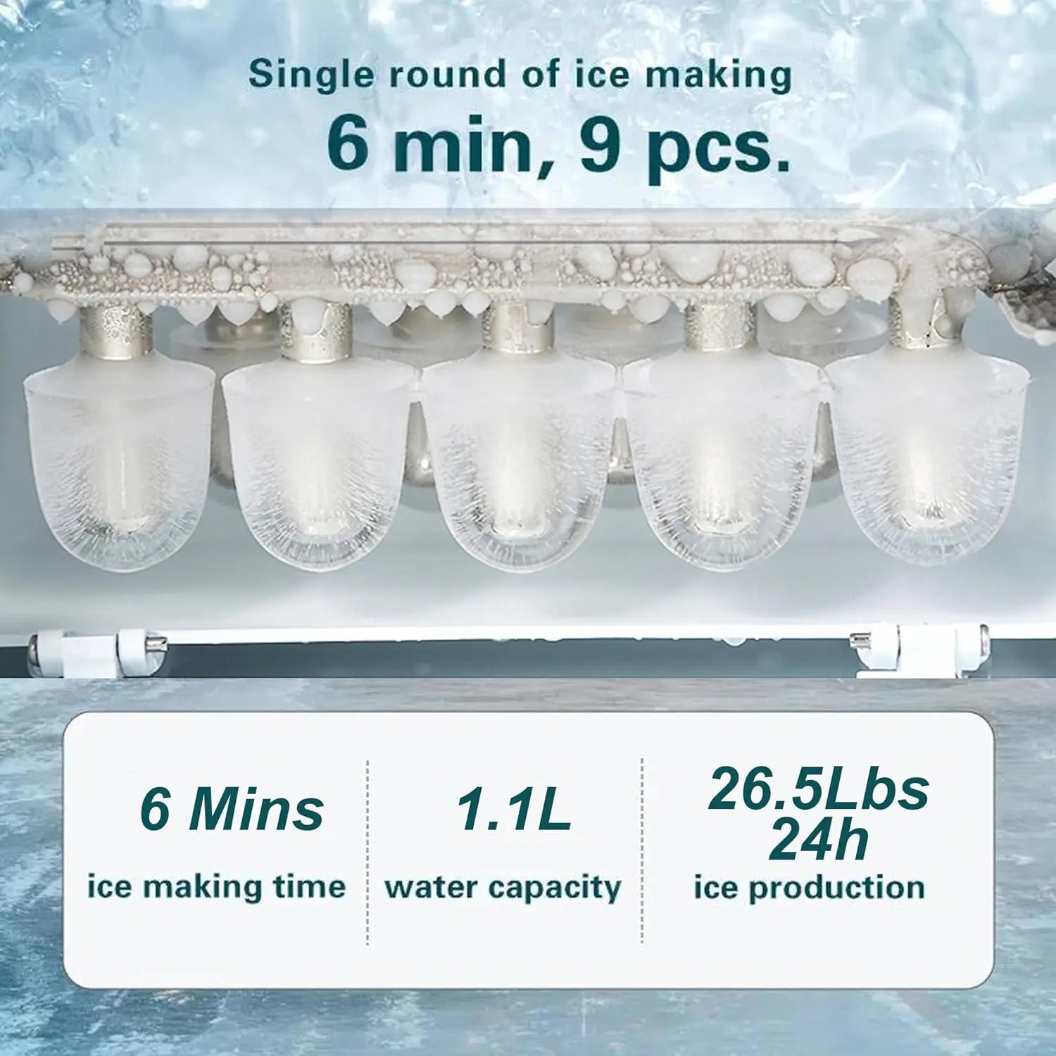 Countertop Ice Maker - 9 Bullet Ice in 6 Mins, 26.5lbs/Day